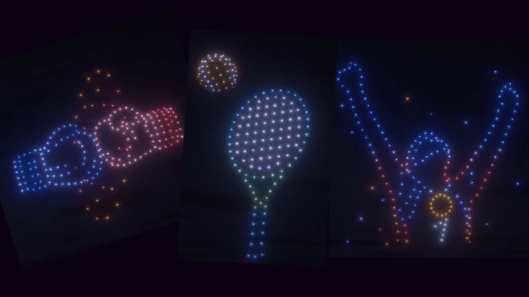 Olympic Games shapes during a drone show in Chateauroux