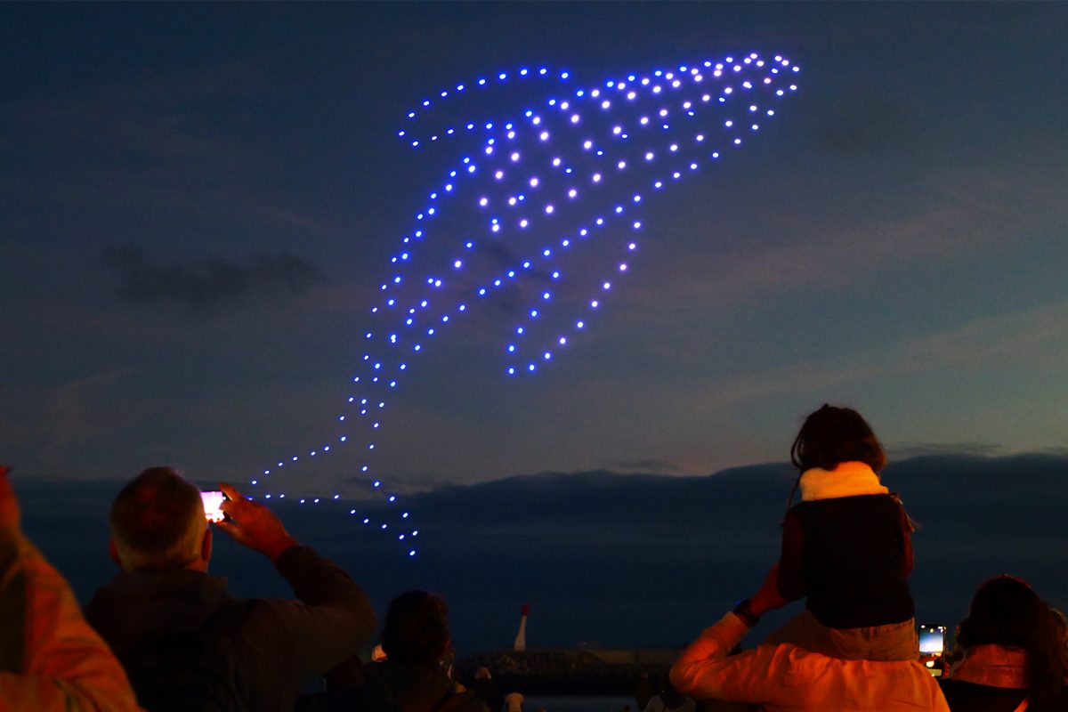 spettacolo di droni che forma una balena nel cielo