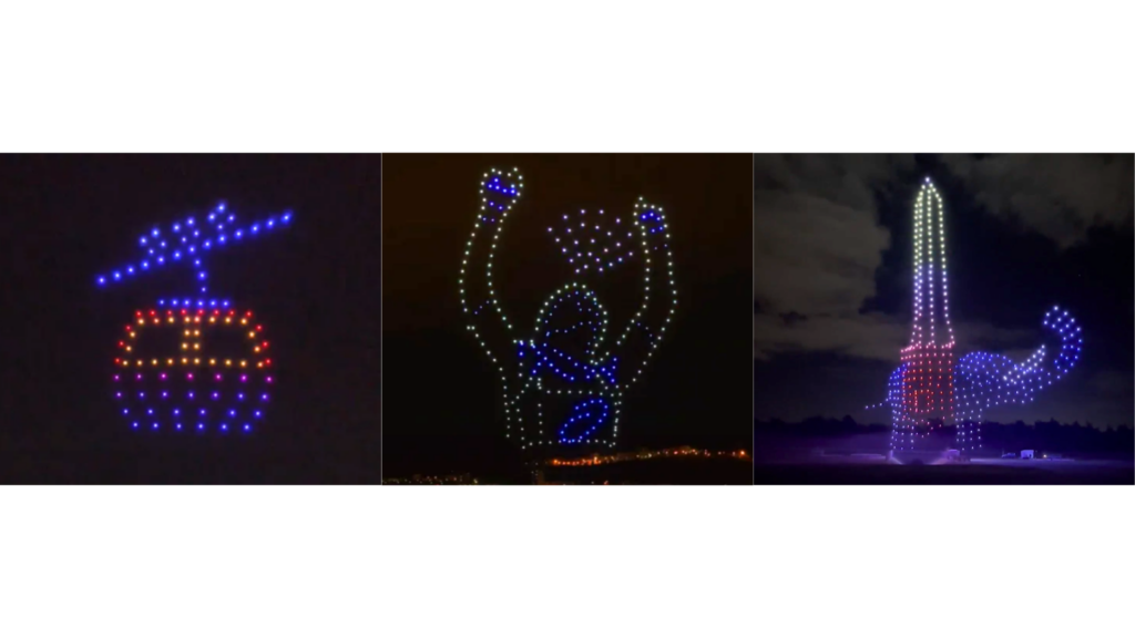 Formas creadas por drones brillantes en el cielo nocturno.