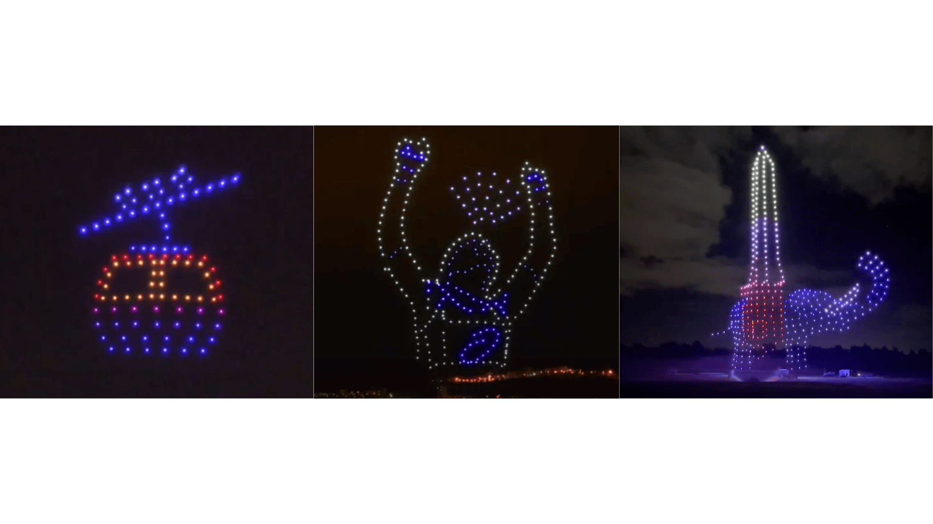 figuras creadas por drones luminosos en el cielo nocturno