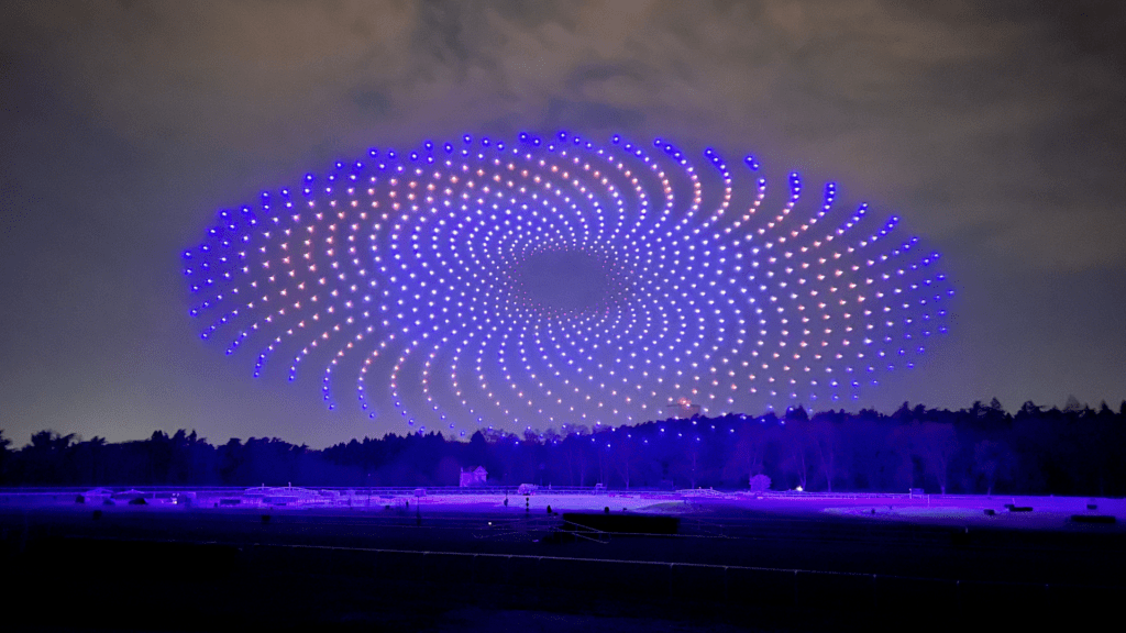 swarm of drones forming a spiral