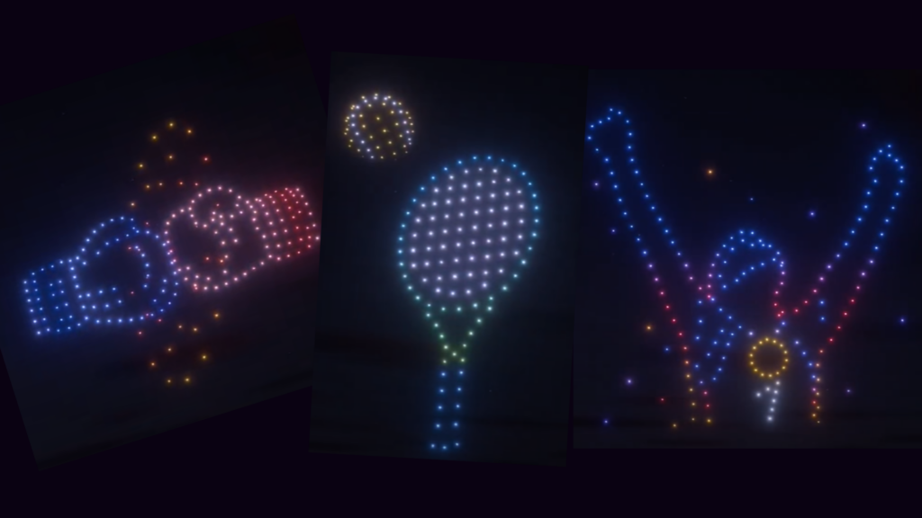 Formas de los Juegos Olímpicos durante un espectáculo de drones en Chateauroux.