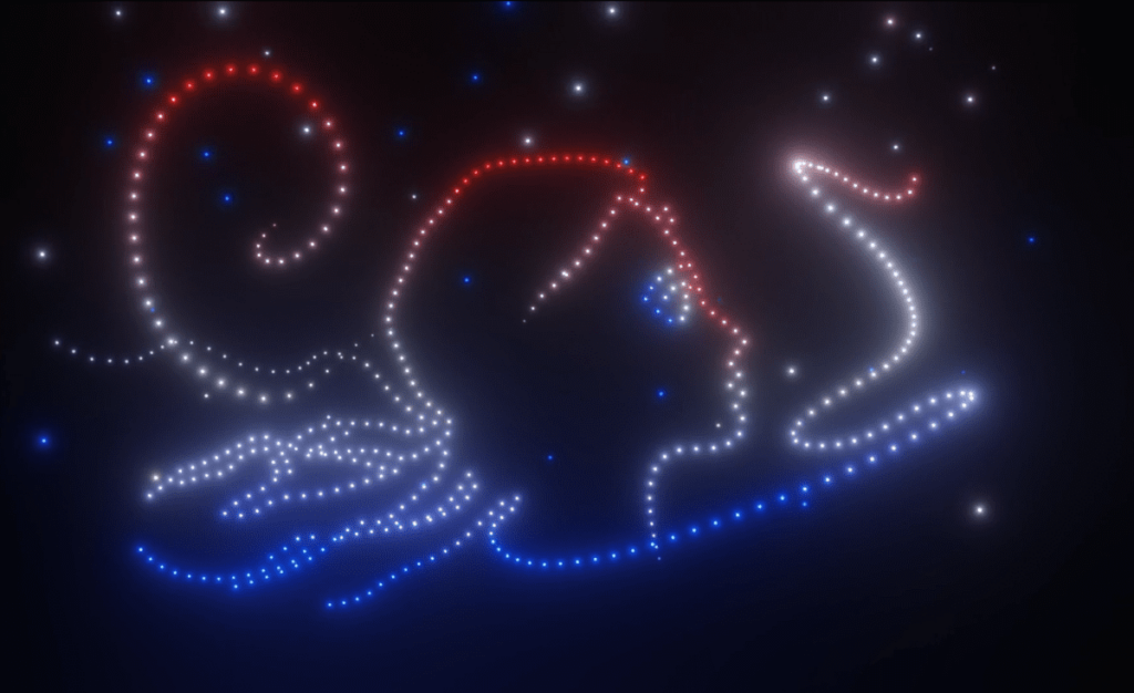 Marianne reconstituida durante un espectáculo de drones en Tours con motivo de la fiesta nacional