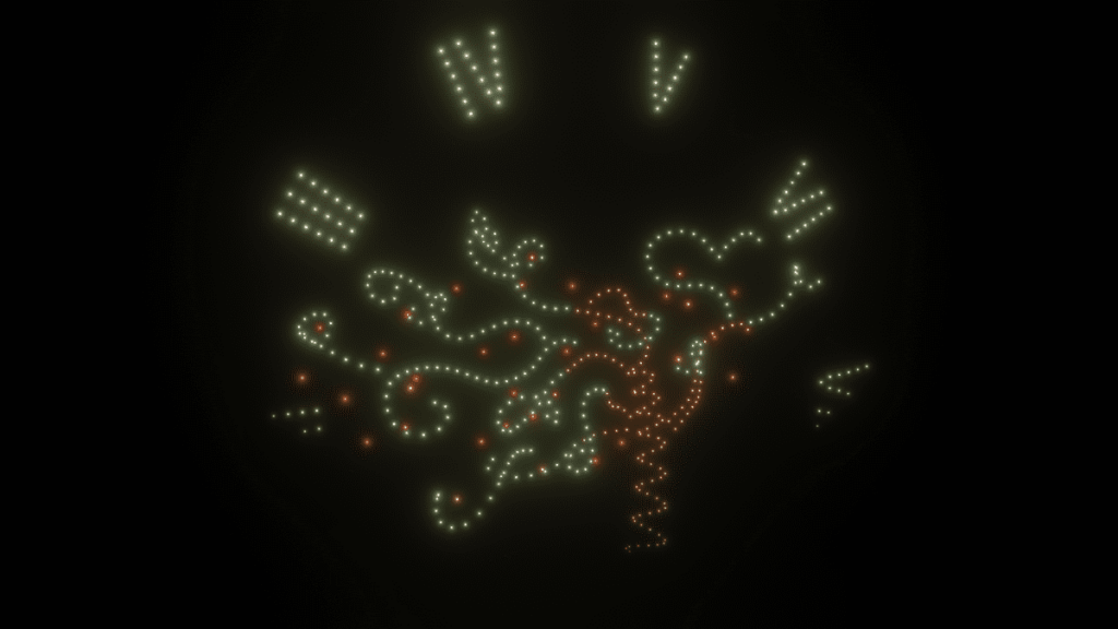 representación de un árbol con reloj durante un espectáculo de drones