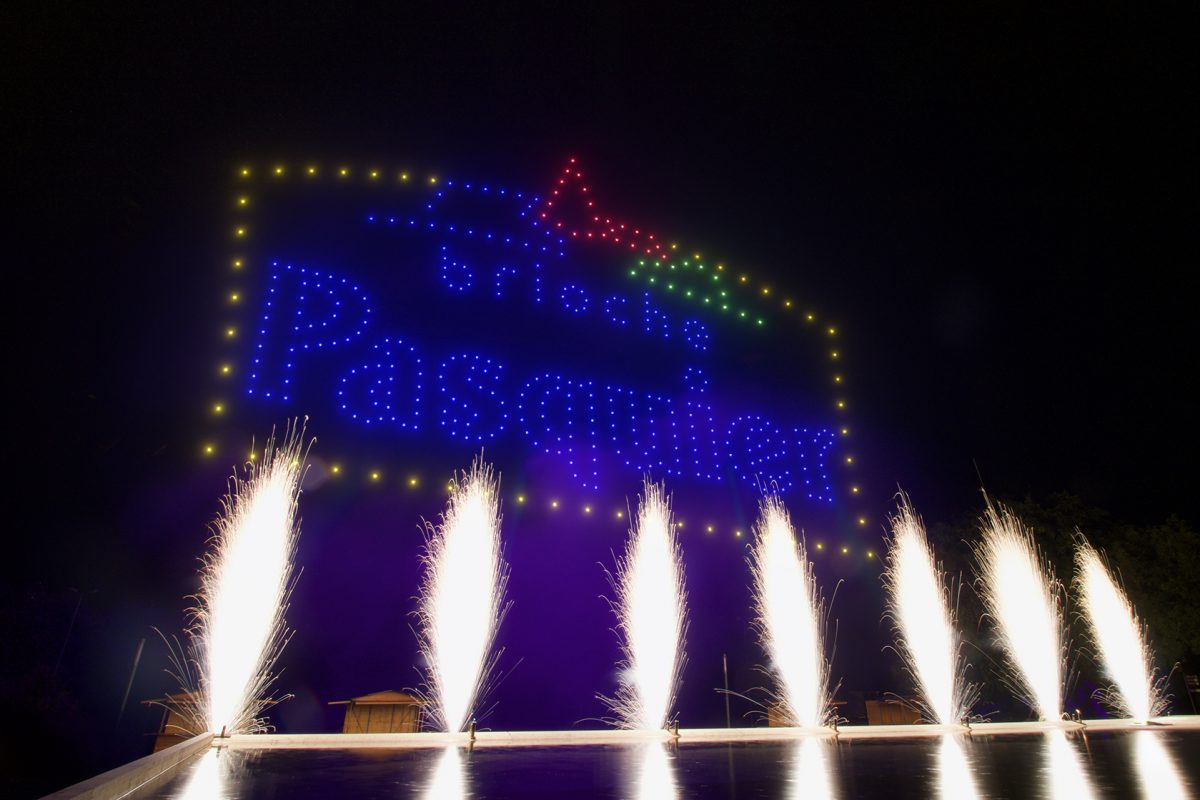 Brioches Pasquier emblem formed by drones
